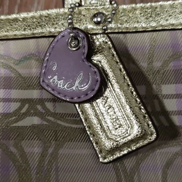 COACH Metallic Gold Plaid Monogram Logo Mini Handbag Luxury Formal Occassion - Picture 2 of 11